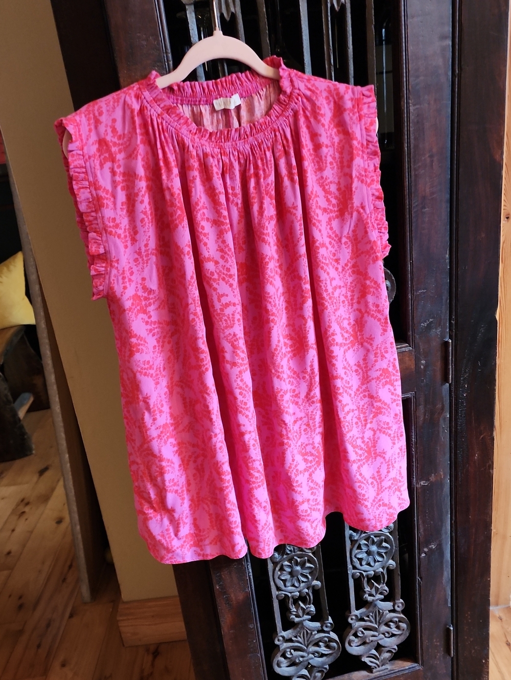 Women's Pink And Orange Printed Ruffle Sleeve Tunic Top, Size S